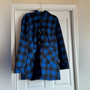 New Big Chill 1X Royal Blue Black Plaid Hooded Pea Coat Zipper & Snap Closure